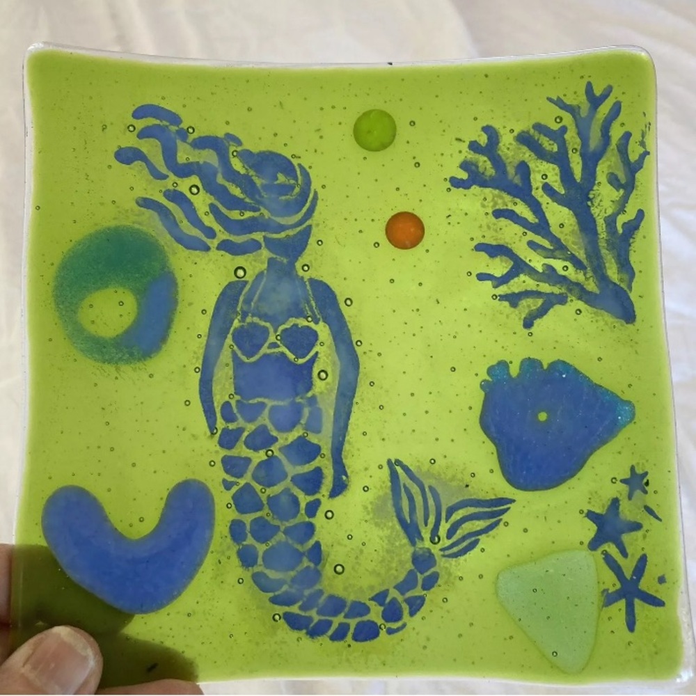 Mermaid On Green Original  Design Fused Art Glass Square 6”Handmade